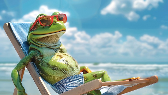 Ein Frosch im Liegestuhl am Strand.