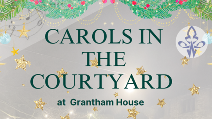 Christmas event poster for carols in the courtyard at Grantham House
