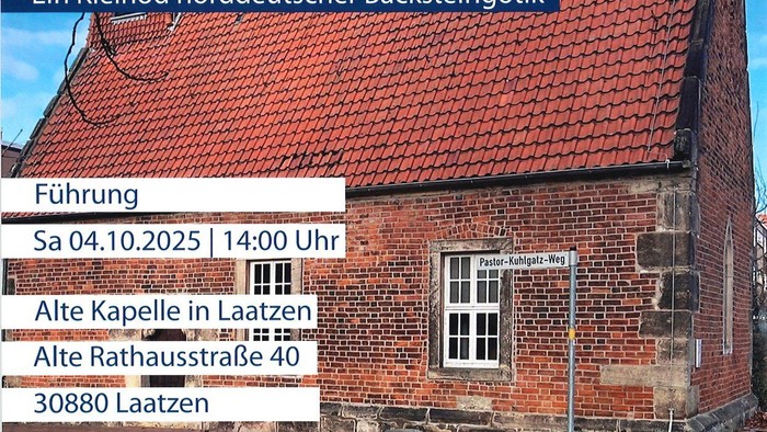 Das Plakat wirbt für eine Veranstaltung zum 700-jährigen Jubiläum der Kapelle in Laatzen, die am 4. Oktober 2025 um 14:00 Uhr stattfindet.