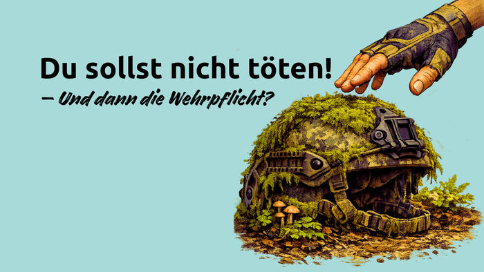 Du sollst nicht täten steht auf dem Bild. Eine Hand die nach einem mit Moos überwachsenen Militärhelm greift. Außerdem steht 