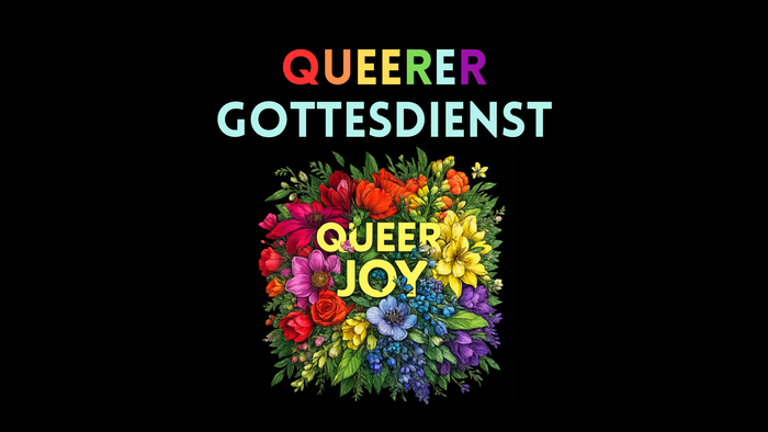 Buntes Blumen-Logo, das Queere Freude in einem queeren Gottesdienst feiert, beschriftet mit „Queerer Gottesdienst“.