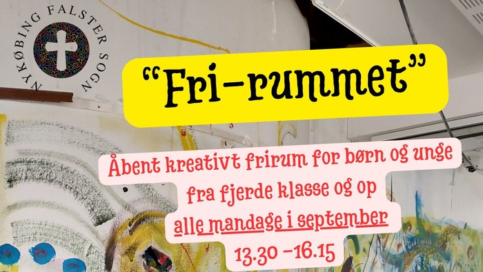 Plakat med information om 'Fri-rummet', et kreativt fritidskurs for børn og unge i september