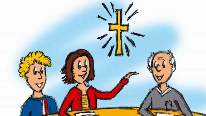 Drei Menschen stehen in einem flachen Gewässer unter einem leuchtenden Kreuz.