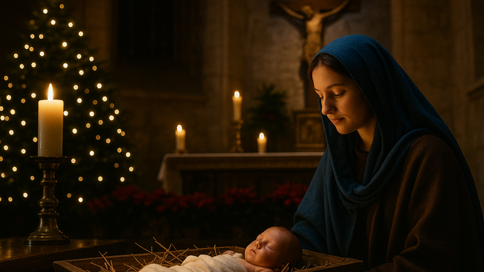 Eine junge Frau mit ihrem Kind in der Krippe