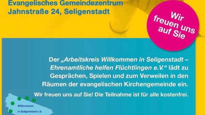Einladungsflyer für eine kostenlose Willkommensveranstaltung für Geflüchtete in Seligenstadt von 15 bis 17:30 Uhr.