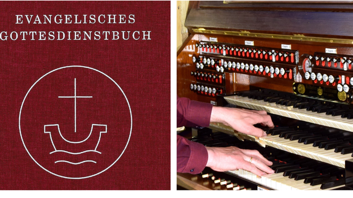 Das Bild zeigt Noten, ein Buch und eine Orgel, mit Text in Deutsch