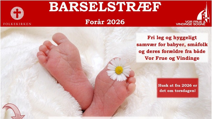 Babyfødder med en marguerit på et hvidt tæppe, dansk tekst