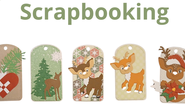 Gavemærker til scrapbooking med julemotiver som elg, ræve, snemand og julenissers