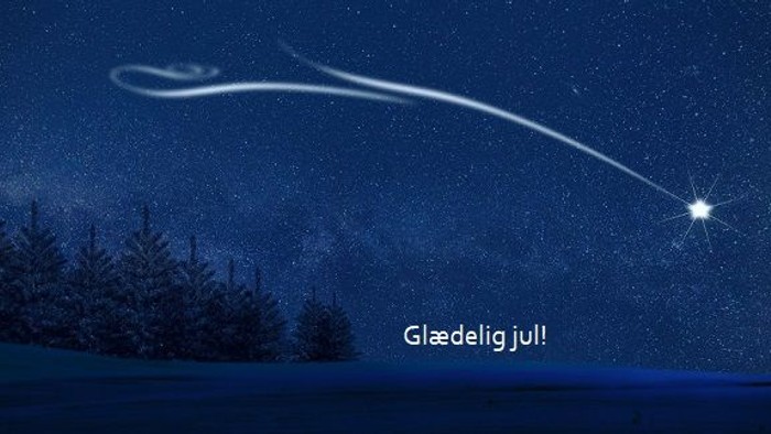 En stjerne falder på nattehimmel med skoven i forgrunden, med teksten 
