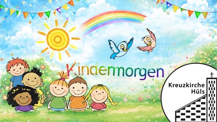 Buntes Kinderveranstaltungsposter mit „Kindermorgen“, fröhlichen Kindern, einem Regenbogen und Engeln in einer hellen Outdoor-Szene.
