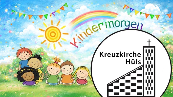 Buntes Kinderveranstaltungsplakat mit „Kindermorgen“ mit Kirche und karierter Rampen-Grafik für die Kreuzkirche Hüls.