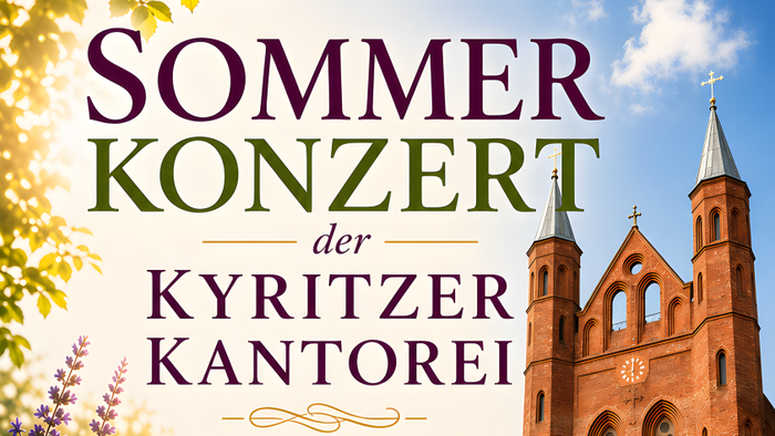 Plakat für Sommerkonzert der Kyritzer Kantorei mit einer Kirche und Informationen zum freien Eintritt am 28. Juni 2026.