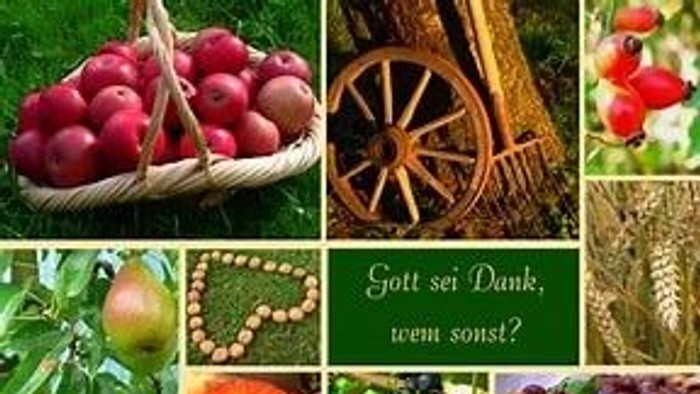 Spruch: Gottsei Dank, wem sonst? Fotos mit Obst, Gemüse und Getreide