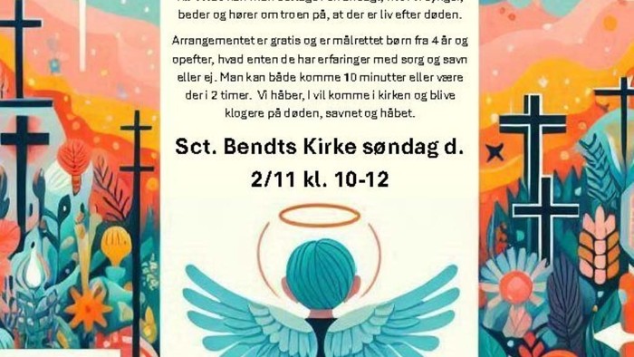 Farverig plakat med tekst og religiøse symboler, herunder datoer og tidspunkter for en begivenhed.