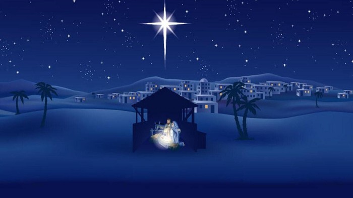 A nighttime nativity scene with a bright star above a stable, surrounded by palm trees and a small village.