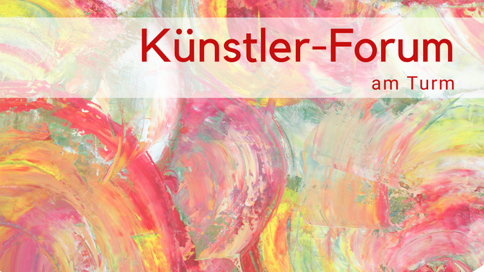 Titel Künstler-Forum auf rot gelbem hellem Aquarellhintergrund