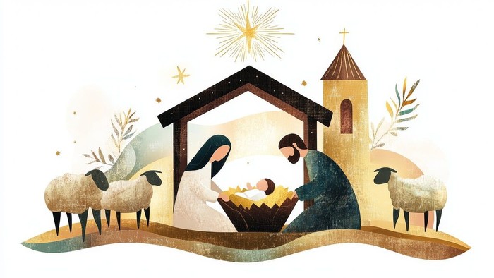 Weihnachtskrippen-Szene mit Maria, Josef und Baby Jesus in der Krippe, umgeben von Schafen und einem Kirchturm