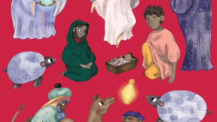 Billedet viser en samling fantasifigurer og dyr på rød baggrund