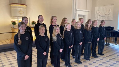 Gruppe af unge mennesker i sorte outfits, der poser sammen i et prægtigt rum.