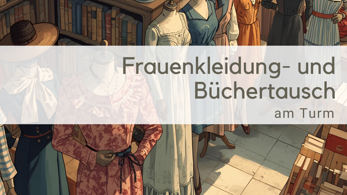 Historische Frauenkleider im Retrostyle gemalt auf Kleidungspuppen links, rechts stehen Bücher auf einem Tisch
