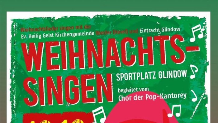 Plakat für ein Weihnachtsliedersingen am 12. Dezember um 18 Uhr, mit einem Cartoon-Mädchen in Winterkleidung.
