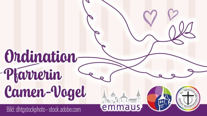 Illustration zur Feier der Ordination einer Pastorin, Camen-Vogel, mit kirchenbezogenen Grafiken und einer Taube.