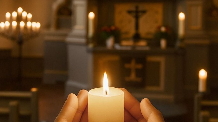 Zwei Hände halten eine Kerze, im Hintergrund der Altar der Dorfkirche Lübars