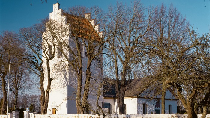 Ein ruhiges weißes Gebäude mit einem hohen Turm, umgeben von kahlen Bäumen und einem Stezzaun.