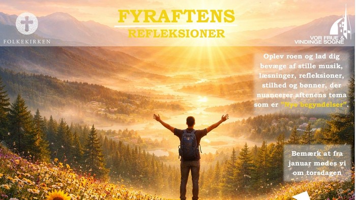 Et roligt kirkearrangementsplakat med en person i en skov og refleksioner over tro og sindsro til et januarstævne.