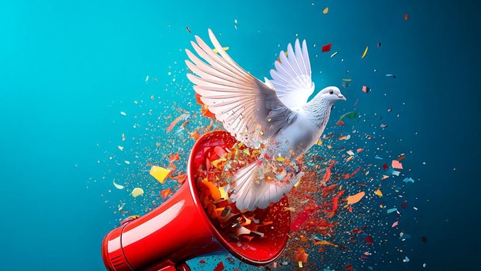 Ein Megafon mit Taube und Konfetti, Werbung für 