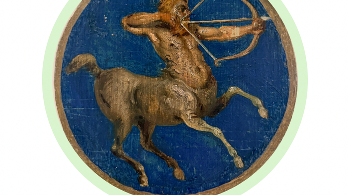 Stjernetegnet Skytten illustreret til vinter/forår 2026 astrologiske prognose, afbildet ridende på en hest med en bue.