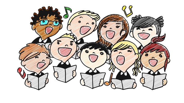 Ein bunter Kinderchor singt fröhlich aus Notenbüchern
