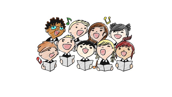 Eine Gruppe von Kindern singt in einem Chor, jeder hält ein Notenbuch