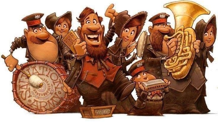 Animerede figurer, der poser sammen, nogle holder musikinstrumenter og rekvisitter.