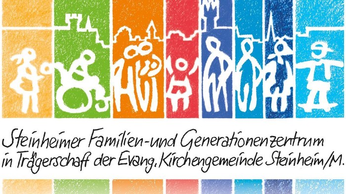 Logo des Familienzentrums Steinheim. Symbolisch verschiedenen Zielgruppen unter der Sloulette Steinheims