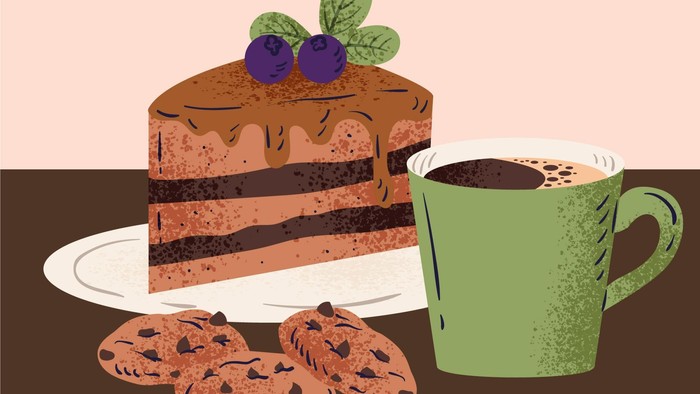 Ein Stück Schokoladenkuchen mit Blaubeeren und eine Tasse Kaffee neben Schokoladenkeksen