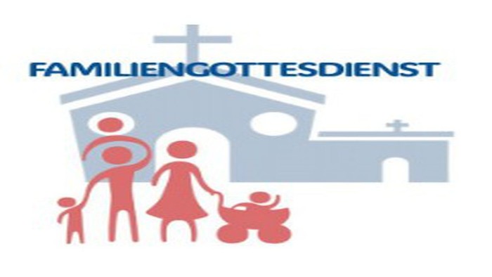 Logo für „Familiengottesdienst“, das eine Familie zeigt, die eine Kirche mit einem Kreuz betritt und den Familiengottesdienst symbolisiert.