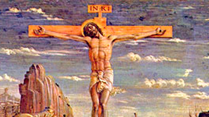 Das Bild zeigt eine Kreuzigungsszene mit Jesus am Kreuz und einer Menschenmenge darunter