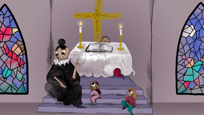 En fantasiful kirke scene viser en maskeklædt figur, der knæler foran et lille alter med animerede dyretilskuere.