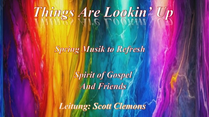 Farbenfroher abstrakter Hintergrund für eine Gospel-Musikveranstaltung im Frühling mit dem Titel *„Things Are Lookin’ Up“*, geleitet von Scott Clemons.