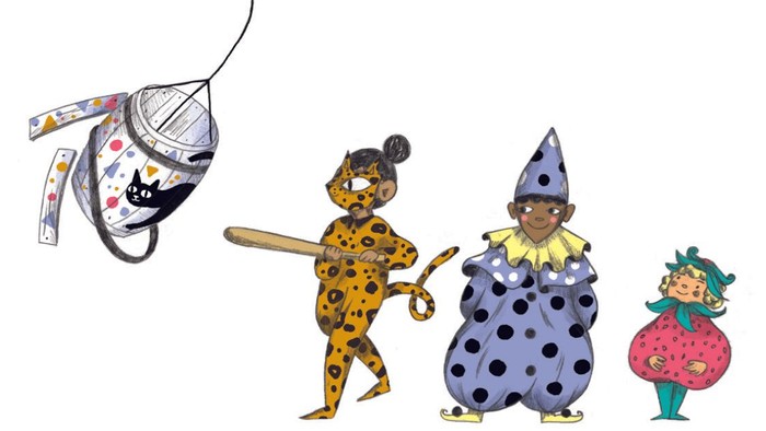 Billedet viser fire figurer i fantasikostumer: en maskeret figur med svæve, en leopardkostume, en polkadot-kostume og en figур med grønne hår.