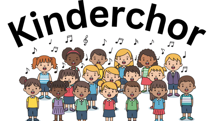 Illustrierte Gruppe von Kindern, die fröhlich in einem Kinderchor singen.