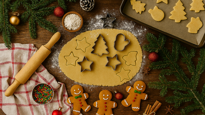 Weihnachtliche Szene mit Plätzchenteig, Ausstechformen und fertigen Lebkuchenmännchen