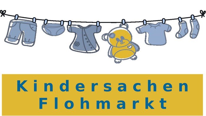 Eine bunte Grafik mit Kinderkleidung und einem Teddybären an einer Wäscheleine, die einen Kinderflohmarkt bewirbt.