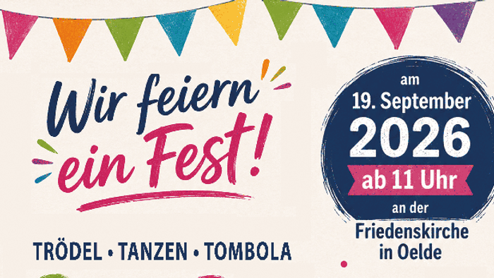Plakat für ein Gemeindefest mit kirchlicher Veranstaltung: Essen, Getränke, Spiele und Live-Musik am 19. September 2026.