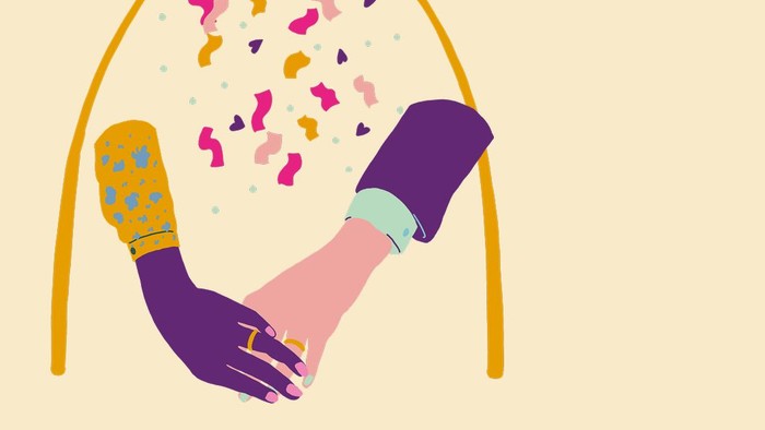 Illustrierte Grafik zur Bewerbung einer einfachen Hochzeitsfeier, geplant für 2026, mit Konfetti und verschränkten Händen.