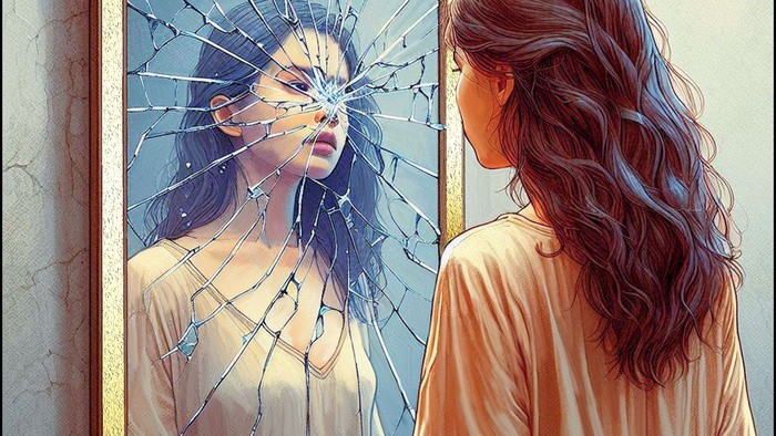 Ein Mädchen schaut in einen zersprungenen Spiegel, der ihr verzerrtes Bild zeigt
