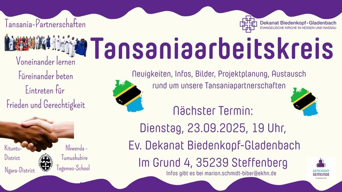 Tansaniaarbeitskreis: Neugkeiten, Infos, Bilder, Projektplanung, Austausch, Termin: 23.09.2025, 19 Uhr, Ev. Dekanat Biedenkopf-Gladenbach