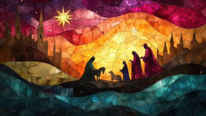 AI genereret billede af De 3 Visemænd kommer for at se Jesus