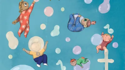 Børn flyver i en blå himmel med bobleformede balloner.